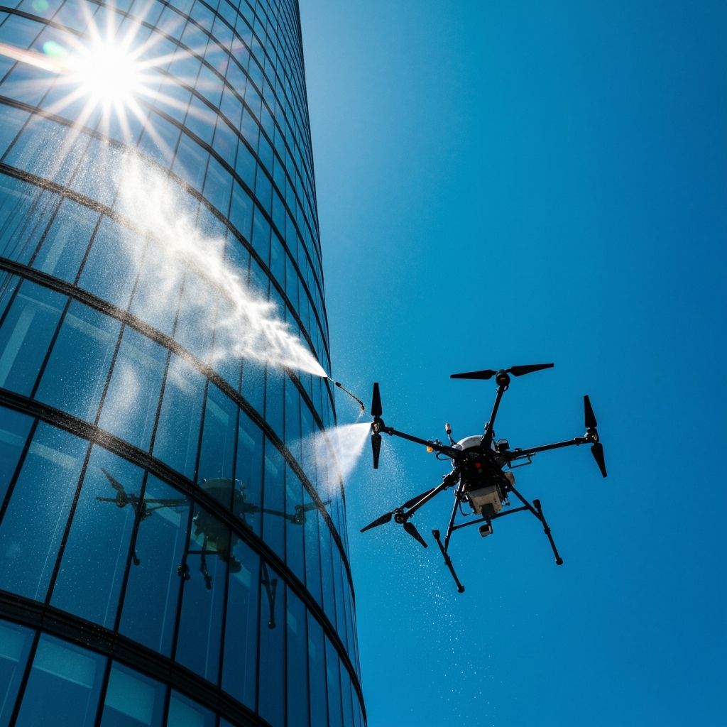Industrial cleaning drone operating on a glass skyscraper facade